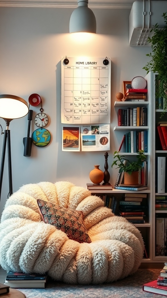 A cozy reading nook with a fluffy chair and a DIY calendar on the wall.