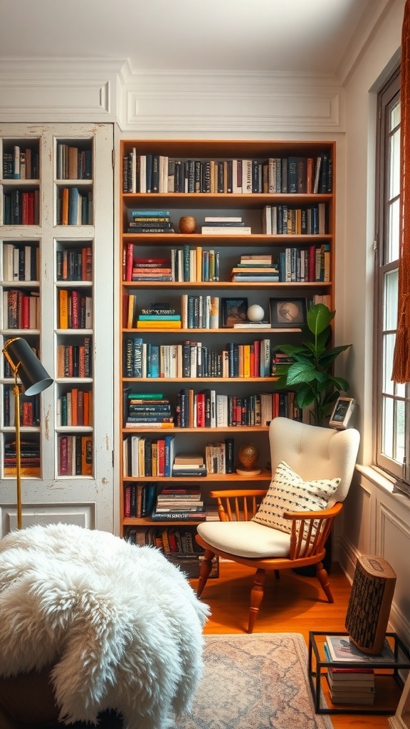 A cozy reading corner featuring a DIY bookshelf made from old doors, surrounded by books and a comfortable chair.