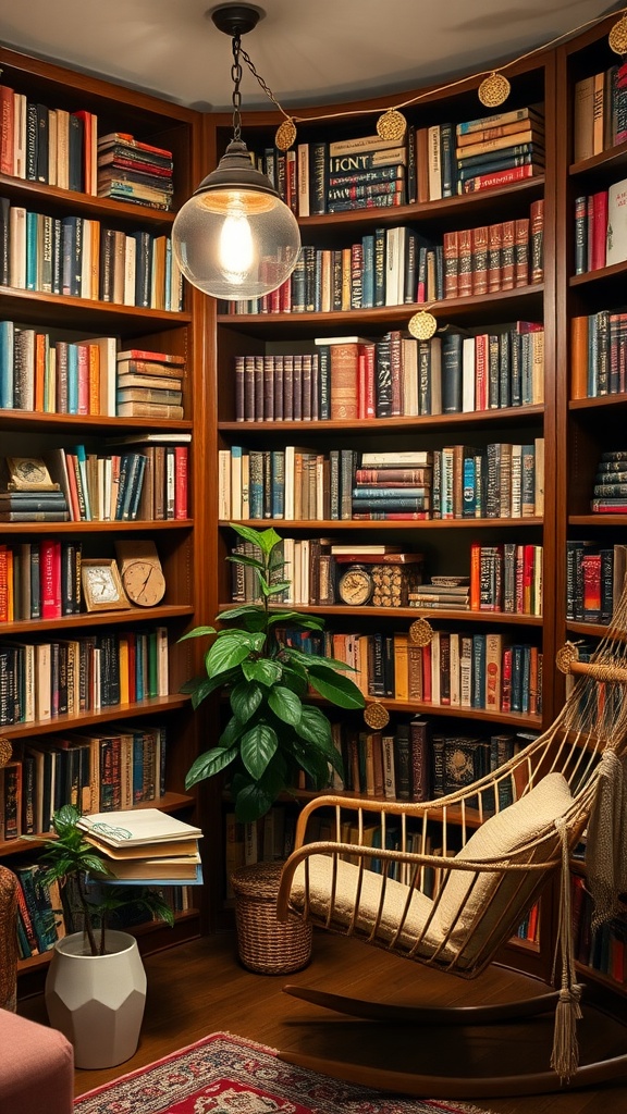 A cozy home library with bookshelves filled with books, a rocking chair, and a plant, creating a warm and inviting atmosphere.