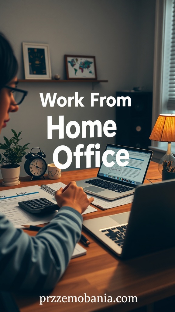 A cozy home office setup showing a person working on a laptop with a calculator and paperwork on a wooden desk.