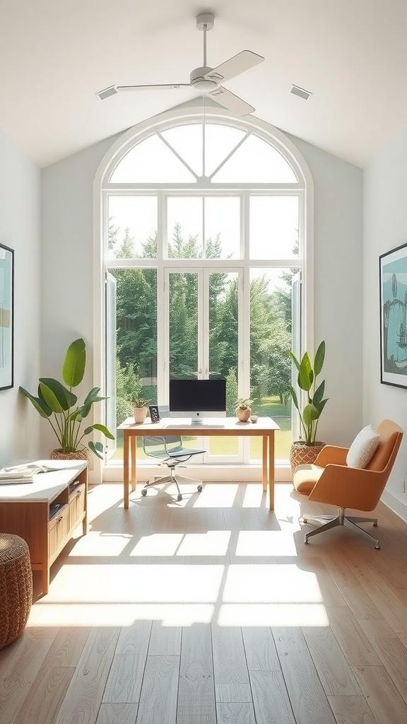 Bright home office sunroom with large windows, indoor plants, and modern furniture.