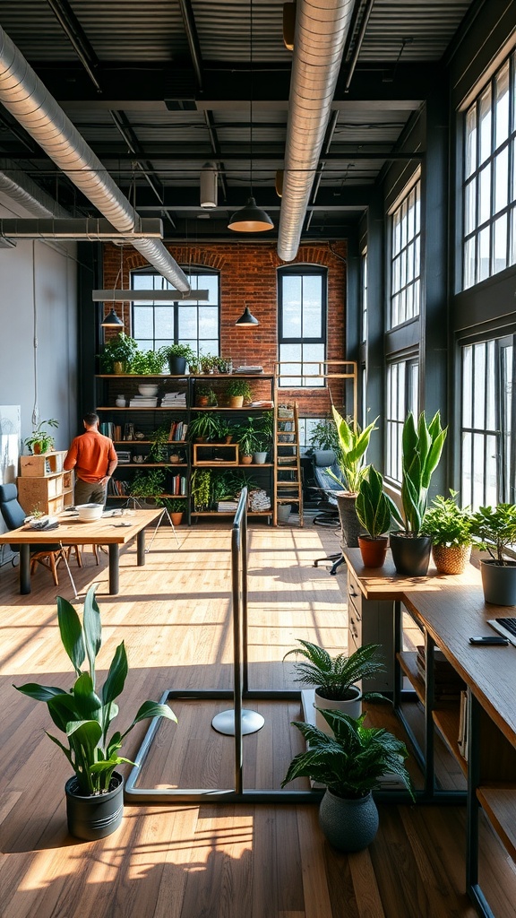 An industrial office space with open floor plan, large windows, and desks arranged for collaborative work.