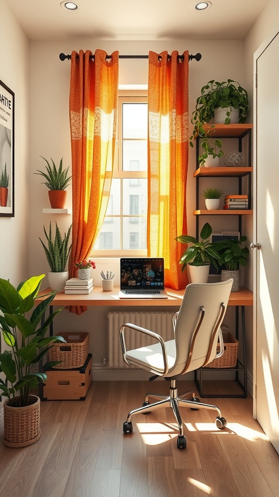 Cozy home office setup with a desk, plants, and warm curtains.