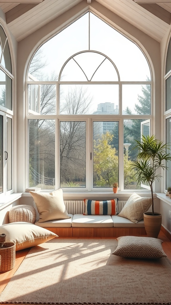 A bright and cozy sunroom featuring large windows, a comfortable seating area with cushions, and indoor plants, perfect for relaxation.