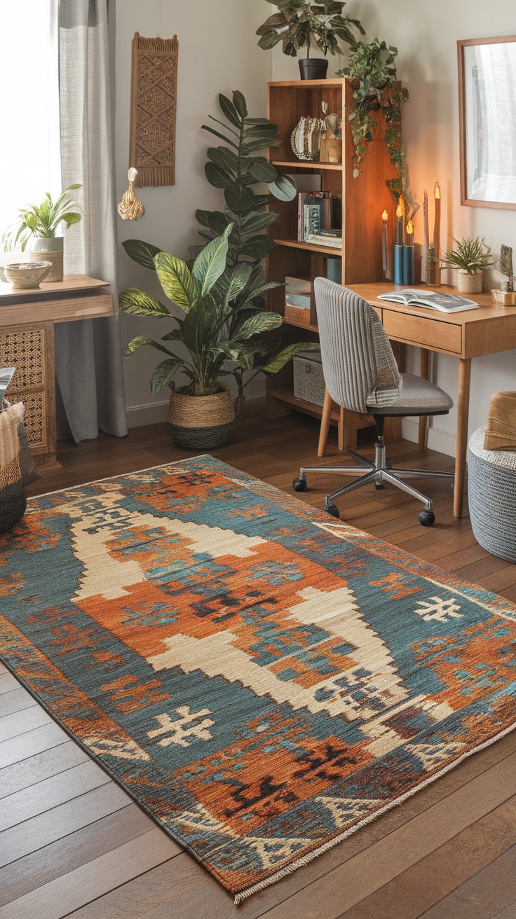 A vibrant boho rug placed in a cozy home office setting