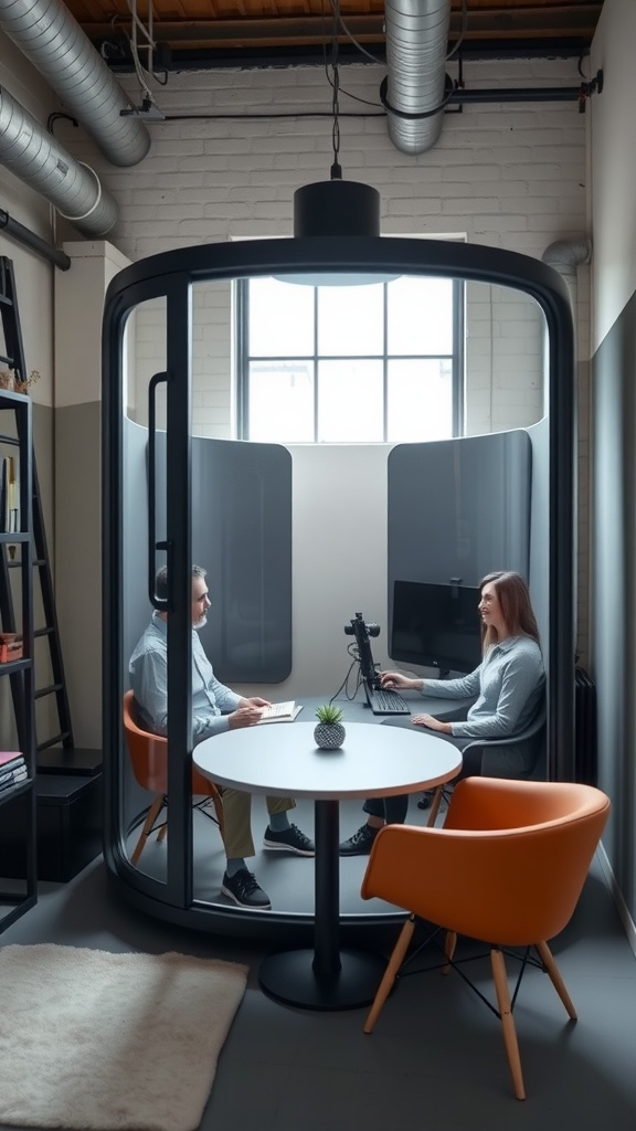 A modern glass meeting pod in an industrial office environment, with two people engaged in a discussion.