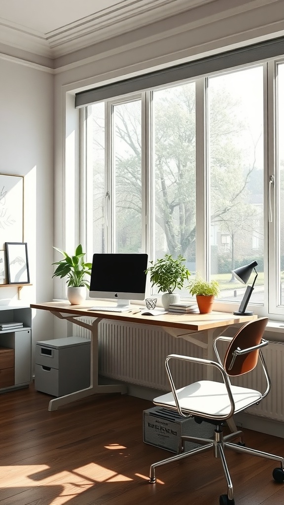 A cozy minimalist office space with a wooden desk, computer, and plants, illuminated by natural light from large windows.