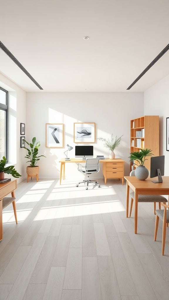 Minimalist Scandinavian workspace with wooden furniture, potted plants, and large windows.