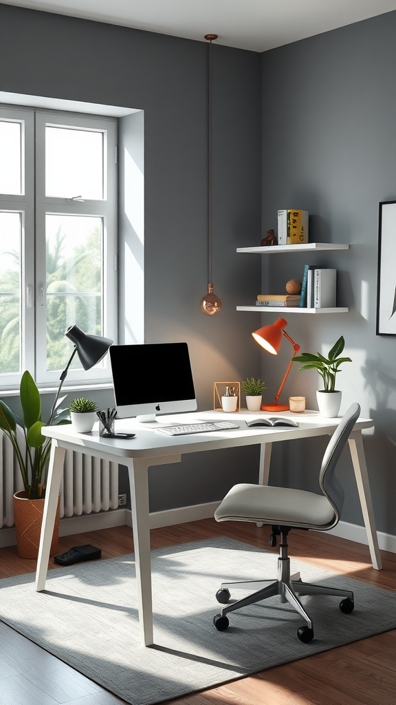 A minimalist home office with a white desk, a computer, and natural light streaming in through the curtains.