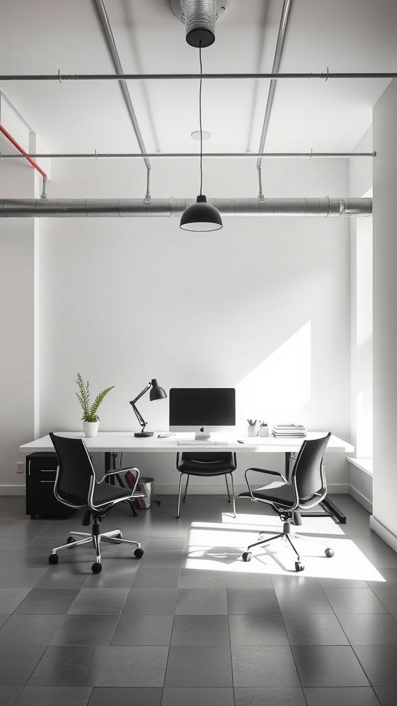 A minimalistic industrial office space featuring modern desks, plants, and ample natural light.