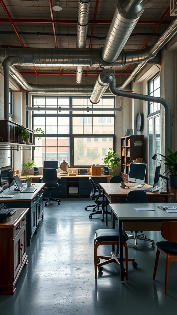 Industrial office interior with vintage wooden desks and modern metallic ductwork