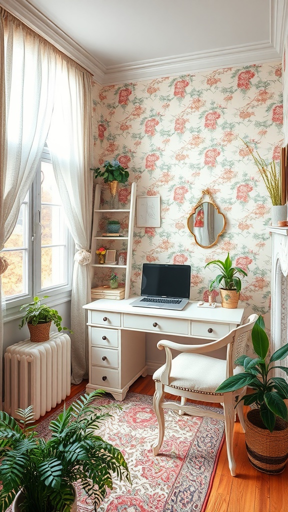 A cozy and stylish shabby chic office space featuring a vintage desk, floral wallpaper, and plants.