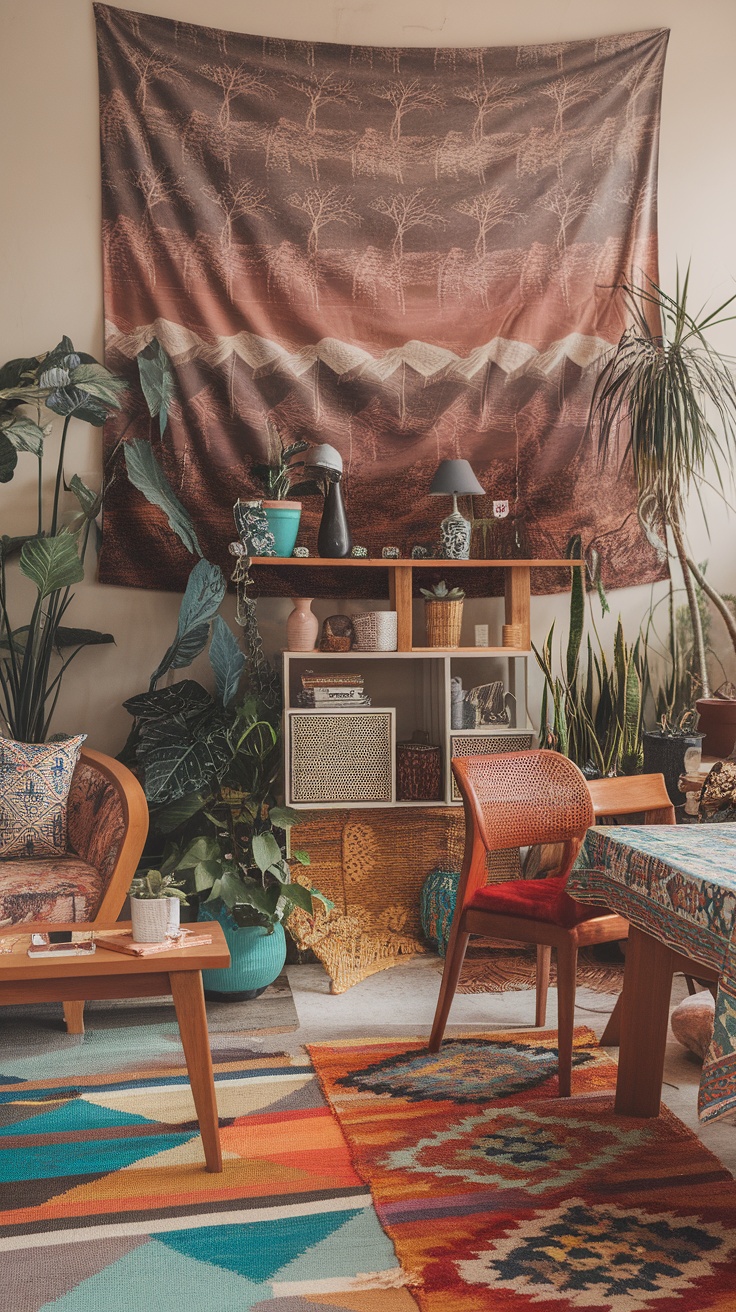 A vibrant boho office with pink walls, a cozy desk, and plenty of plants, showcasing a mix of patterns and textures.