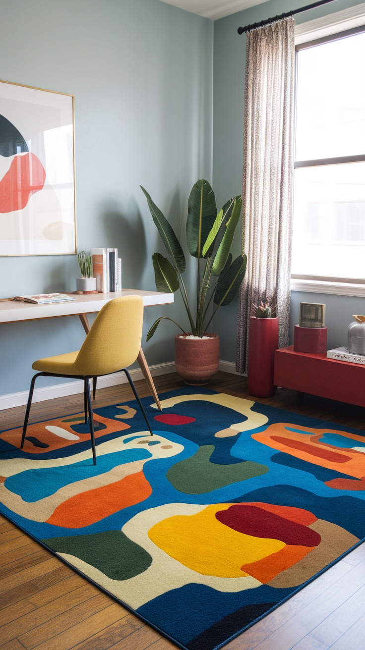 A colorful modern abstract rug in a home office setting, featuring various shapes and colors.