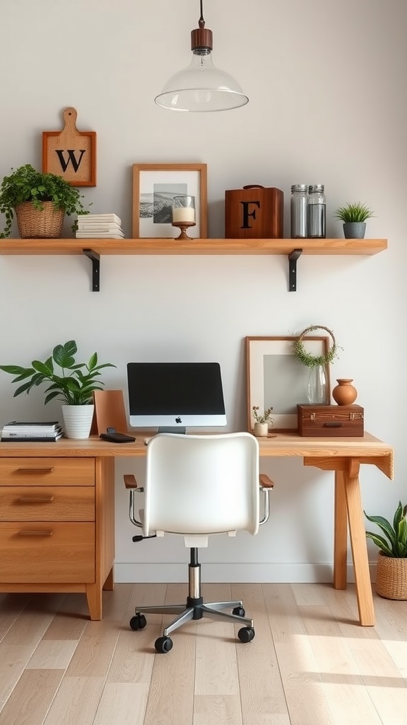 Cozy modern farmhouse office with wooden desk and decorative shelf