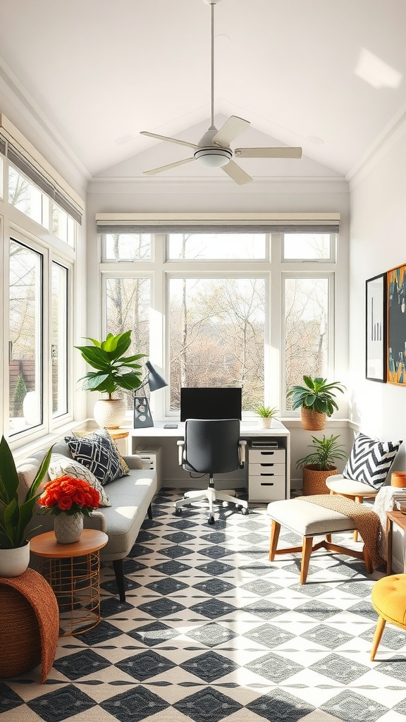 Modern sunroom with geometric flooring, desk, and plants