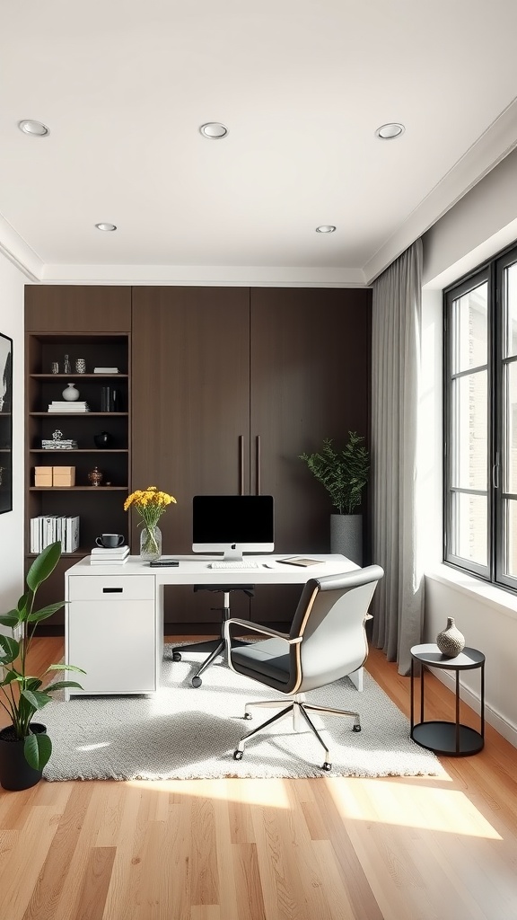 Modern minimalist home office with light wood furniture and natural decor