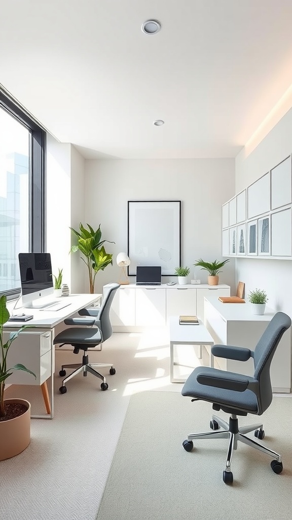 A modern minimalist workspace with two desks, plants, and bright natural light.