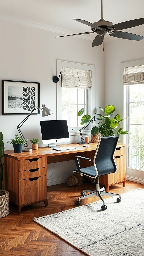 Cozy home office with a sleek desk, ergonomic chair, laptop, desktop computer, and plants near a window.