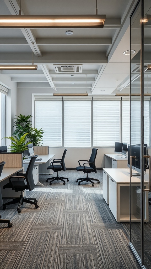 Modern modular office interior with desks, chairs, and natural lighting