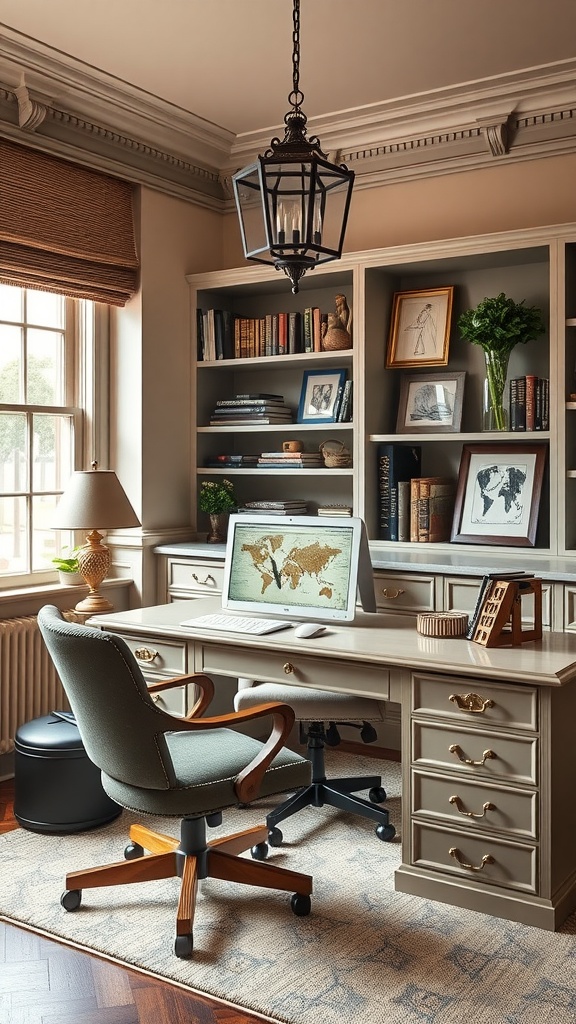 A stylish and vibrant home office featuring pink walls, a desk with a computer, and various plants