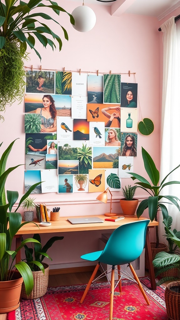 A cozy boho office featuring a bright pink wall, a mood board with various images, a wooden desk, a blue chair, and plenty of plants.