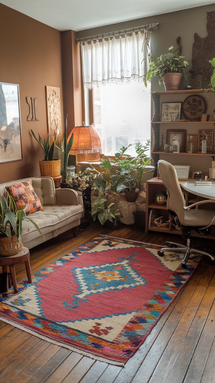 A cozy bohemian office with a colorful Moroccan-inspired rug, plants, and a stylish desk.