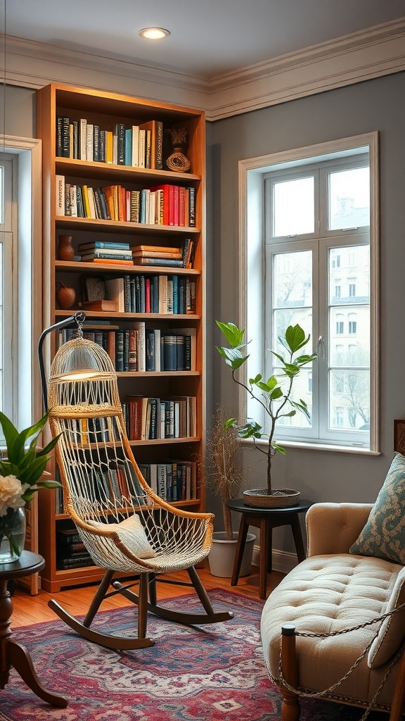 Cozy home library with a rocking chair and a bookshelf filled with books