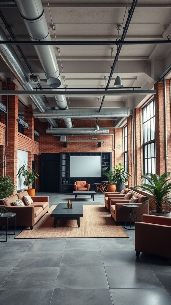 An industrial office space featuring comfortable seating, a large screen, and decorative plants, showcasing a modern and inviting design.