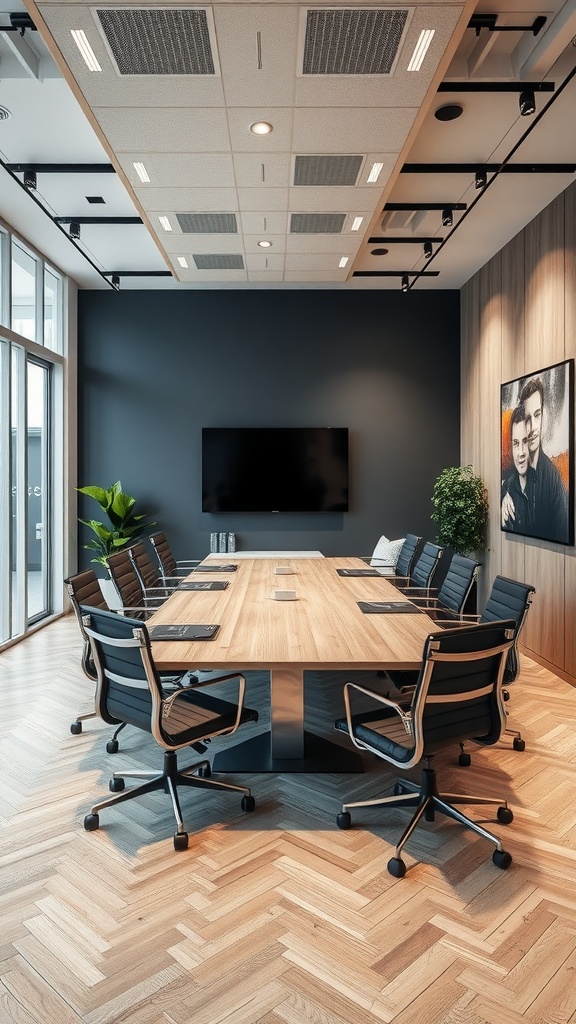 Modern meeting room with a large wooden table, black chairs, and a TV screen.