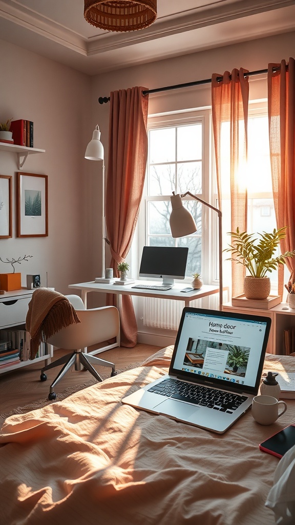 Cozy office space featuring a laptop on a bed, a minimal desk setup, and warm decor.