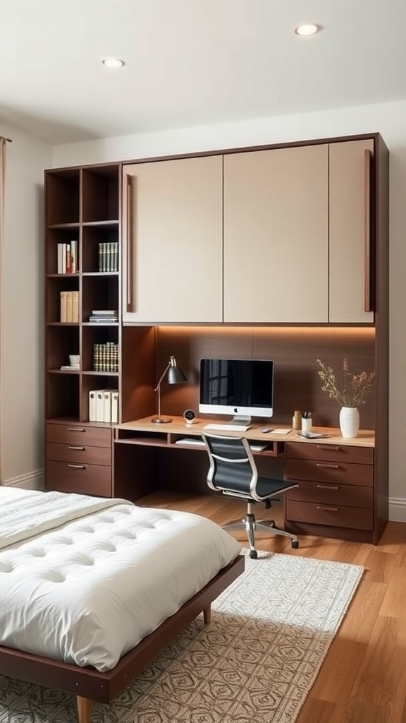 A cozy room featuring a multifunctional Murphy bed with a workspace, showcasing a modern and inviting aesthetic.