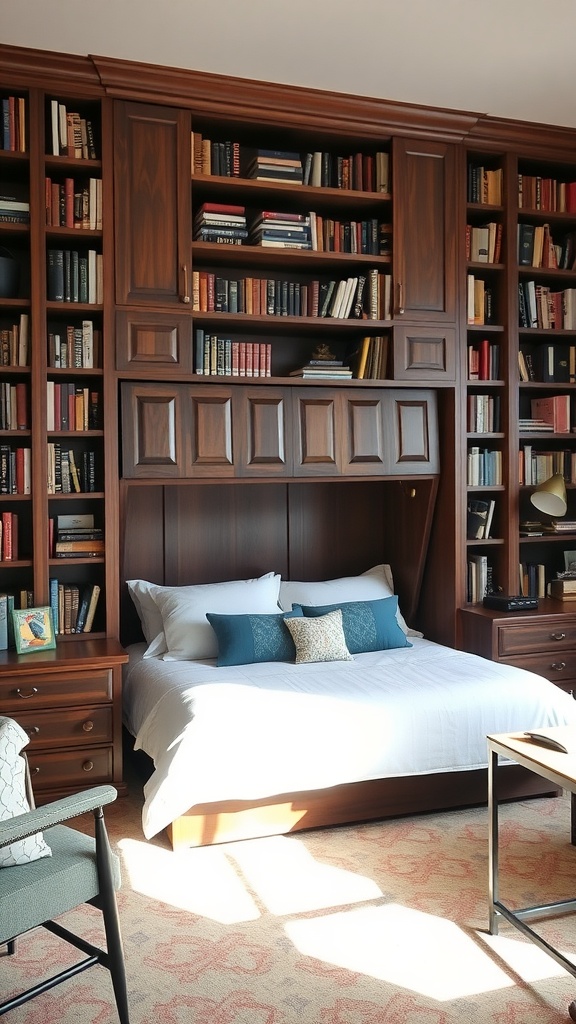 A cozy room featuring a Murphy bed and bookshelves, showcasing a reading area.