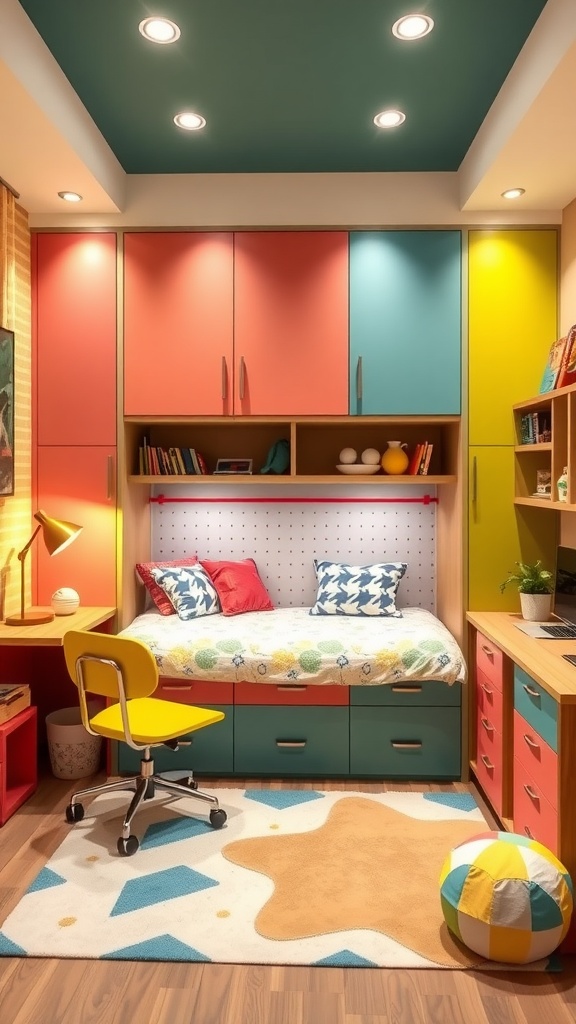 A colorful homework space with a Murphy bed and workspace, featuring a cozy chair and organized desk area.