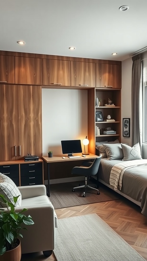 Stylish Murphy bed in a home office layout, blending workspace and relaxation area.