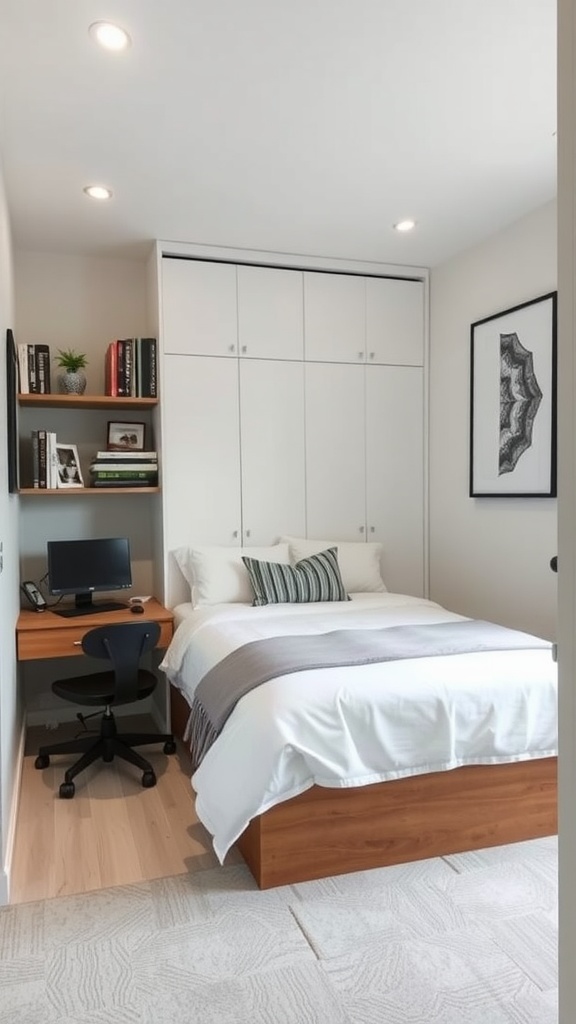 A modern murphy bed in a narrow hallway, featuring a simple design.