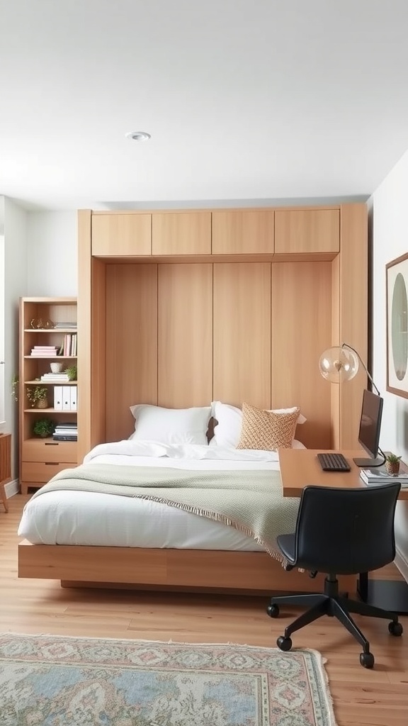 A stylish and minimalist home office featuring a murphy bed.