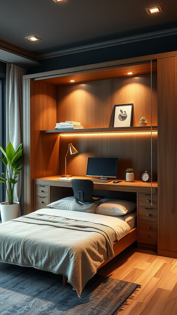 A cozy bedroom featuring a murphy bed that folds up to reveal a hidden desk, styled in warm tones.