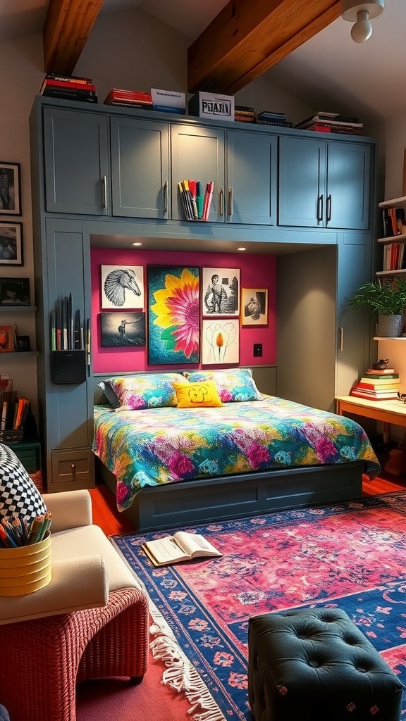 A stylish room featuring a Murphy bed with bookshelves, creating a cozy workspace and reading area.