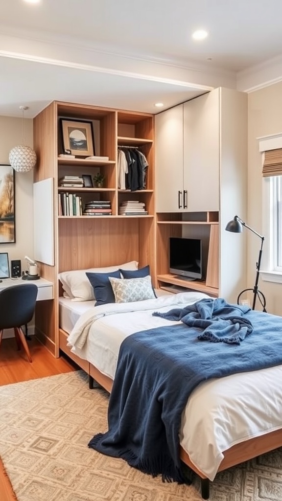 A modern Murphy bed in a family space, showcasing a wood finish and a cozy bedding setup.