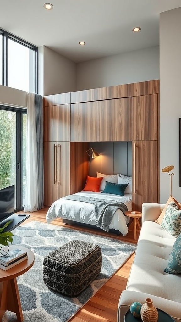 A stylish Murphy bed in an open concept space, showcasing a cozy design and wooden finishes.