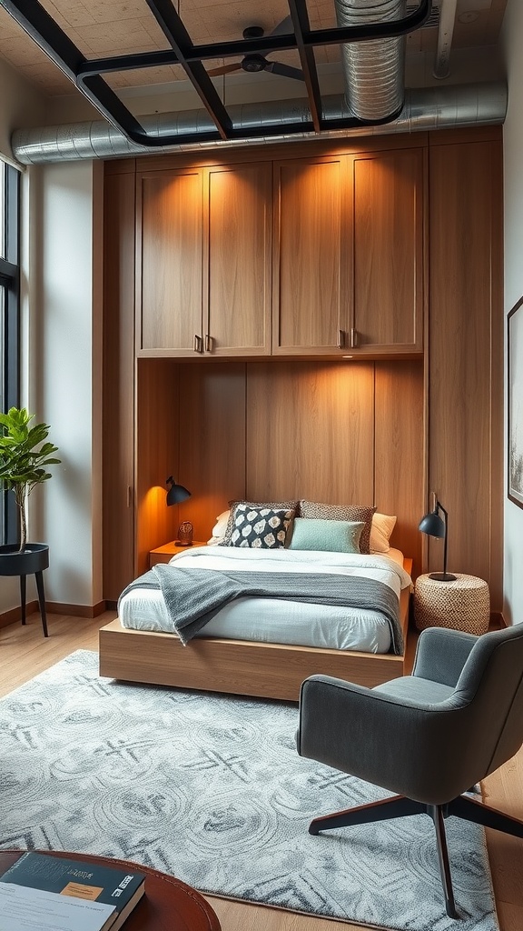 Image of a stylish room featuring a murphy bed and bookshelves, perfect for urban living.