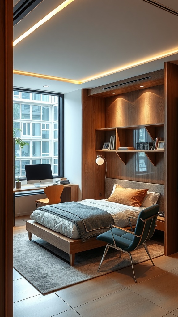 Modern Murphy bed in a home office setting with shelves.