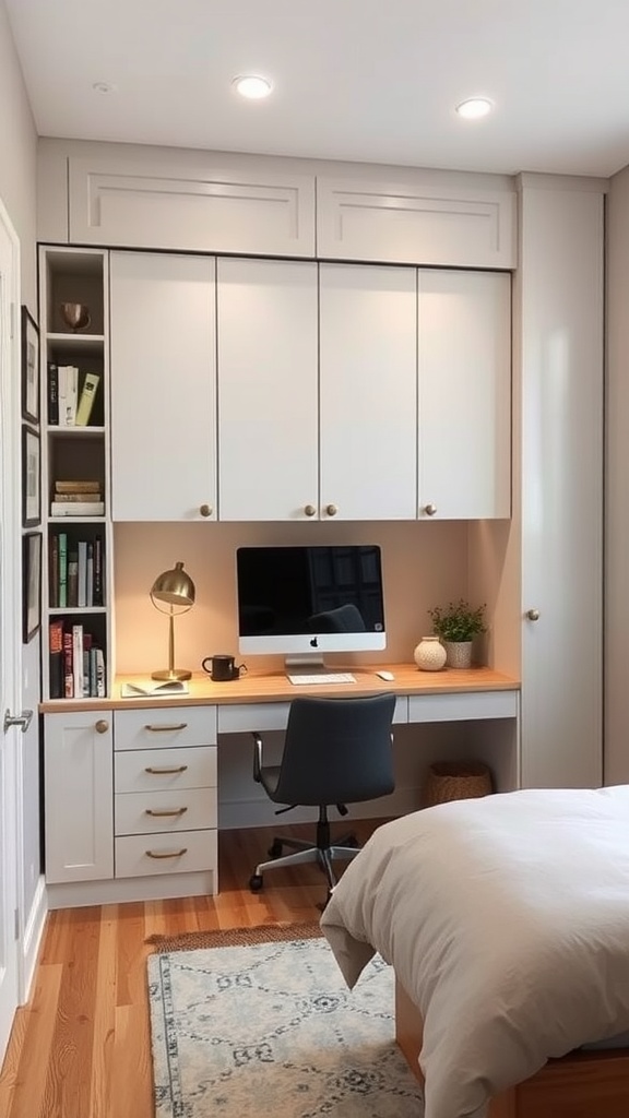 Stylish Murphy bed setup in a corner space with integrated shelves and warm lighting