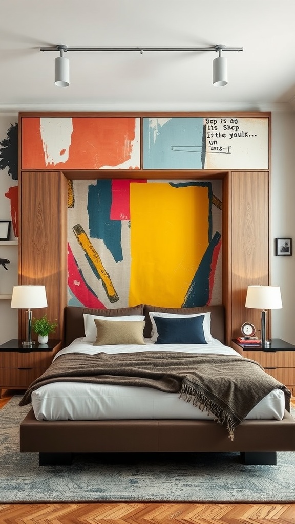 Cozy room featuring a Murphy bed with an artistic backdrop