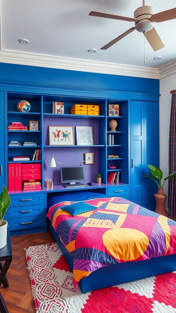 A cozy room featuring a pink Murphy bed with bright shelves, ideal for a home office or library.