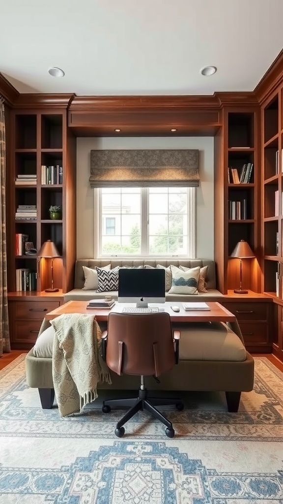 A stylish Murphy bed with built-in shelving, enhancing a cozy home office layout.