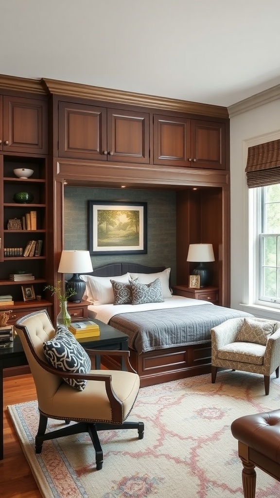 A cozy room featuring a Murphy bed and classic wooden decor, with bookshelves and comfortable seating.