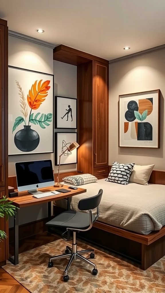 A cozy room featuring a murphy bed and contemporary artwork above it, perfect for a home office layout.