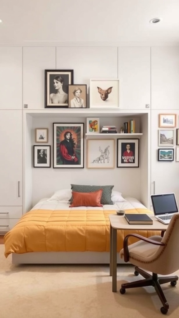 A living space featuring a murphy bed with art displays above it, designed for functionality and aesthetics.